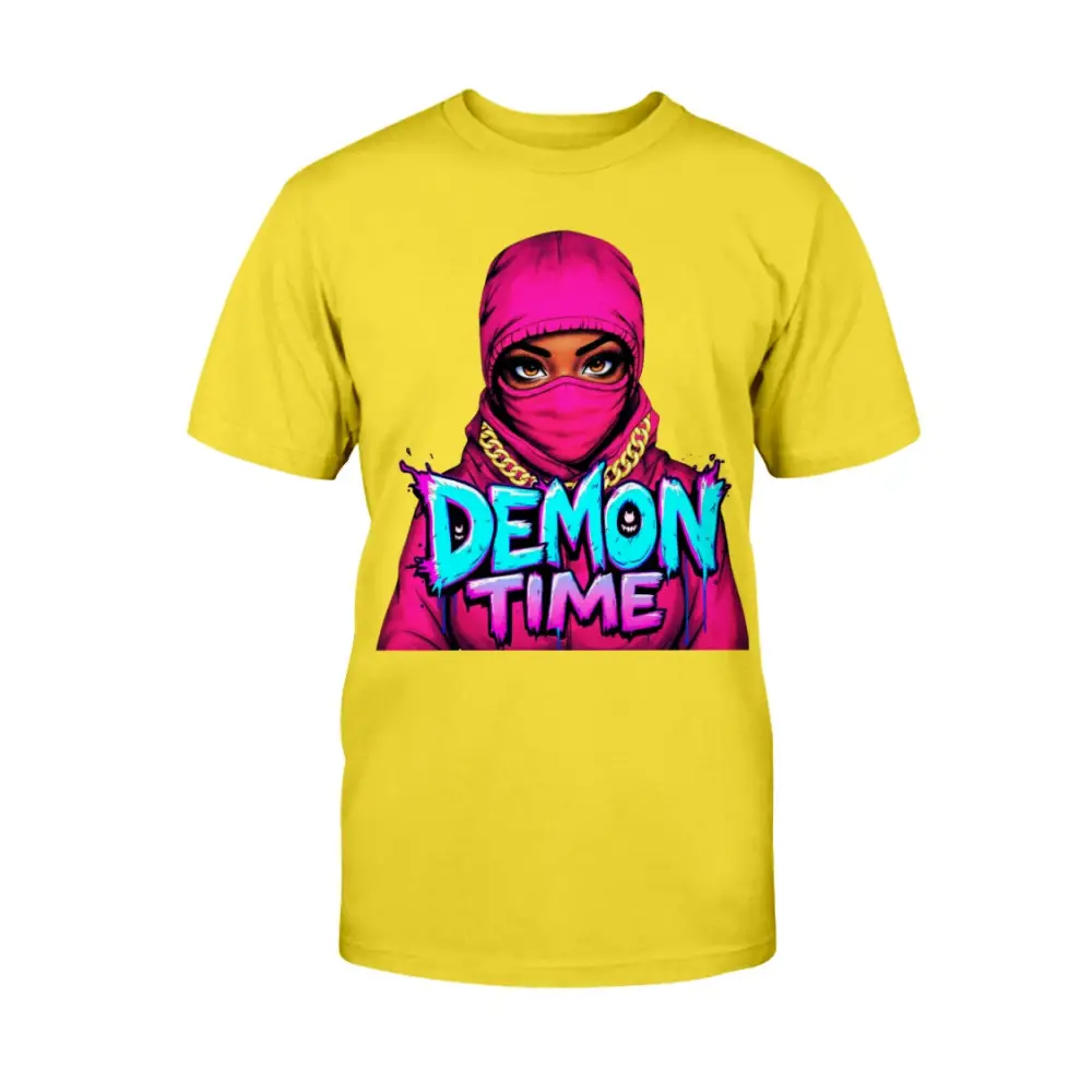 Demon Time graphic tee featuring pink ski mask baddie illustration with bold graffiti typography on yellow streetwear t-shirt by Hood Vibez Pretty Bitch Flock
