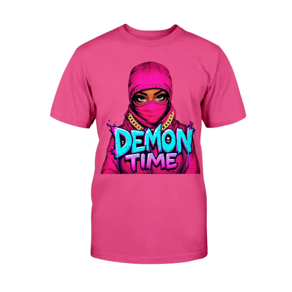 Demon Time graphic tee featuring pink ski mask baddie illustration with bold graffiti typography on pink streetwear t-shirt by Hood Vibez Pretty Bitch Flock