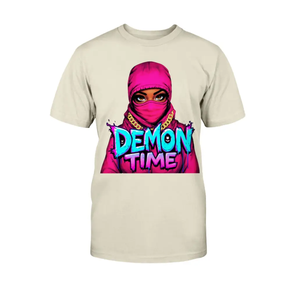 Demon Time graphic tee featuring pink ski mask baddie illustration with bold graffiti typography on beige streetwear t-shirt by Hood Vibez Pretty Bitch Flock