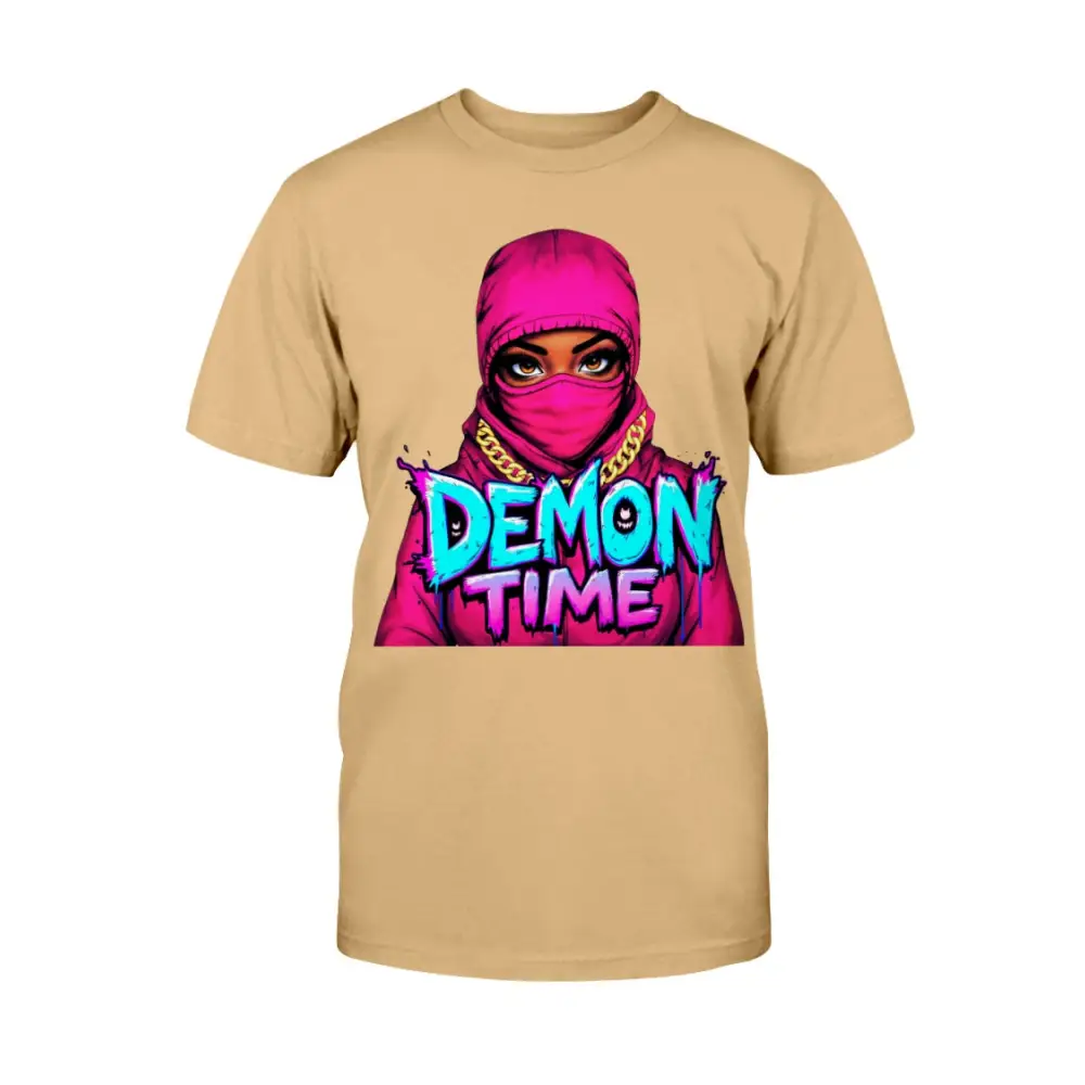 Demon Time graphic tee featuring pink ski mask baddie illustration with bold graffiti typography on tan streetwear t-shirt by Hood Vibez Pretty Bitch Flock