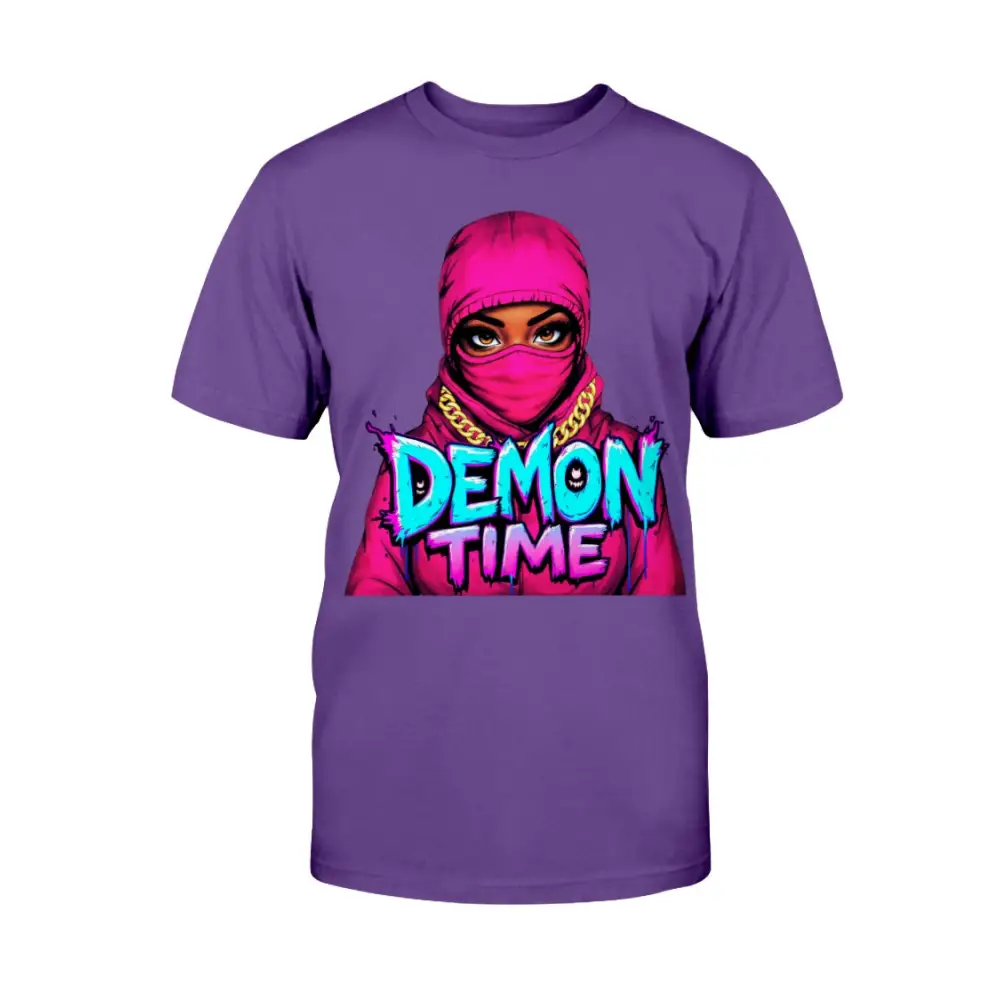 Demon Time graphic tee featuring pink ski mask baddie illustration with bold graffiti typography on purple streetwear t-shirt by Hood Vibez Pretty Bitch Flock