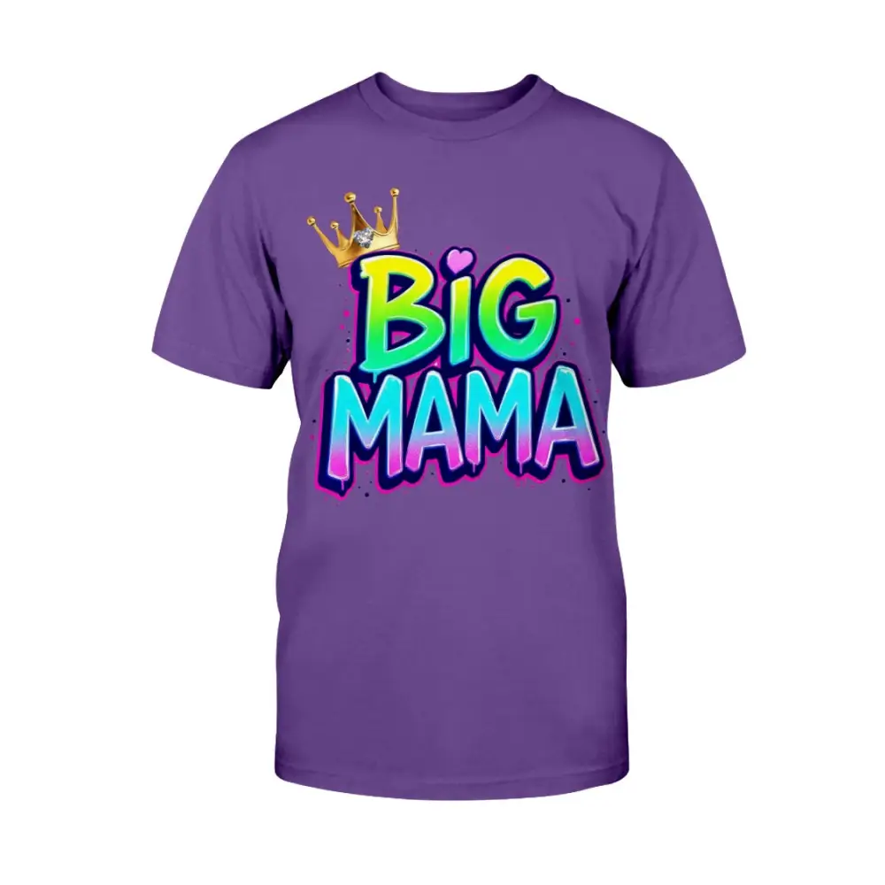 Purple t-shirt with 'Big Mama' text in colorful letters and a crown on a white background
