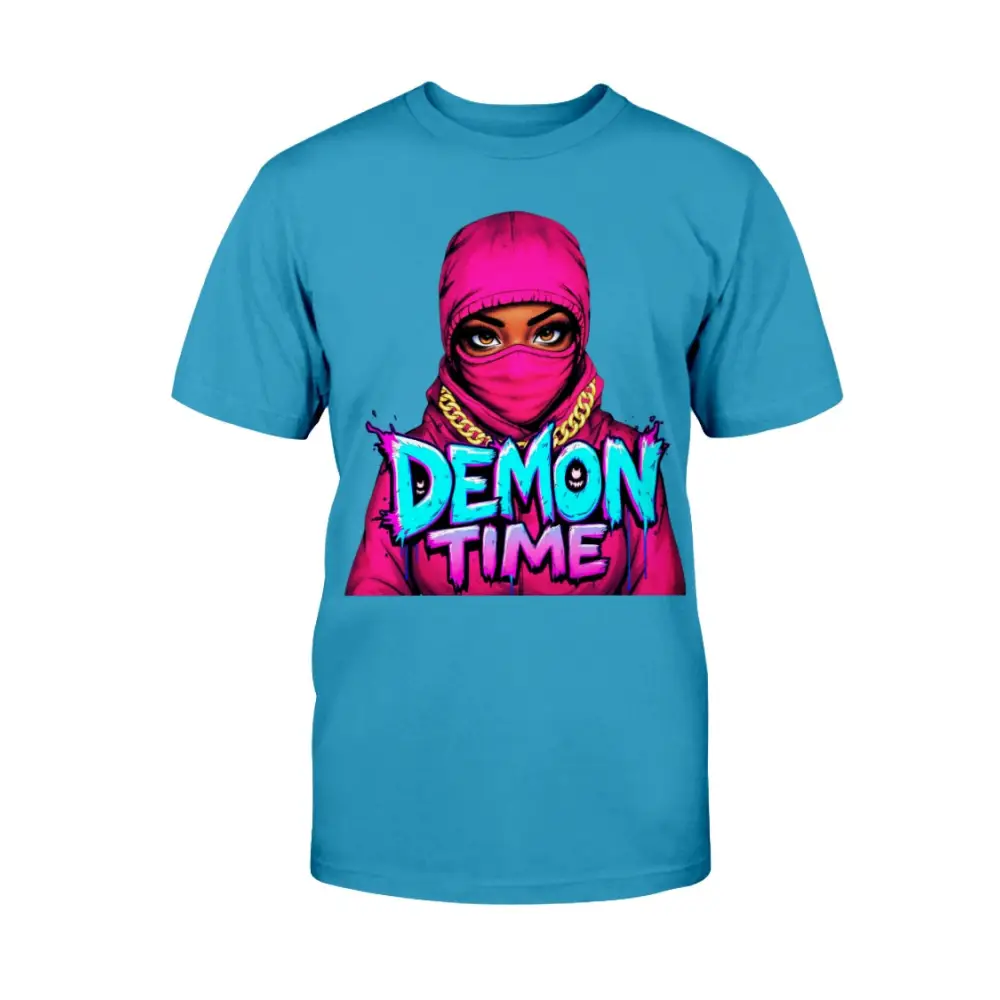 Demon Time graphic tee featuring pink ski mask baddie illustration with bold graffiti typography on blue streetwear t-shirt by Hood Vibez Pretty Bitch Flock