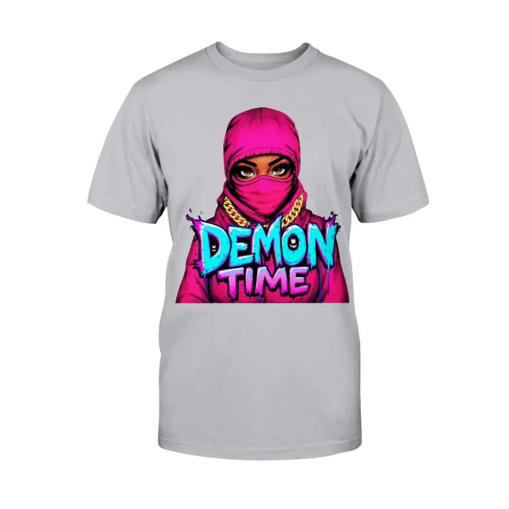 Demon Time graphic tee featuring pink ski mask baddie illustration with bold graffiti typography on grey streetwear t-shirt by Hood Vibez Pretty Bitch Flock