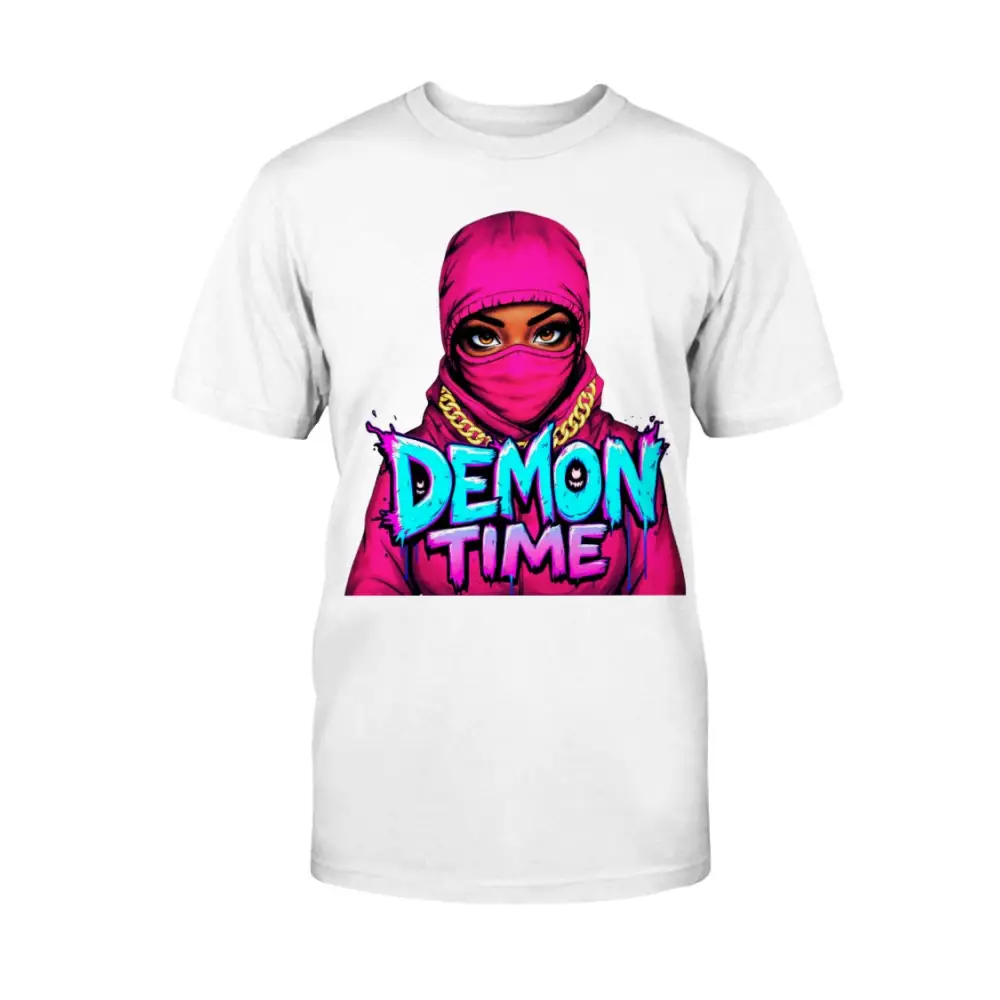 Demon Time graphic tee featuring pink ski mask baddie illustration with bold graffiti typography on white streetwear t-shirt by Hood Vibez Pretty Bitch Flock