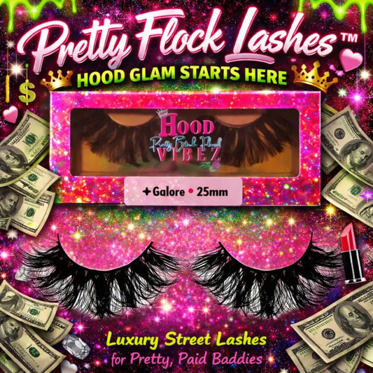 Galore 25mm Luxury Mink False Lashes by Pretty Flock Lashes featuring extreme volume, bold dramatic layers, and thick fluffy wispy fibers in luxury glitter packaging for full glam makeup looks