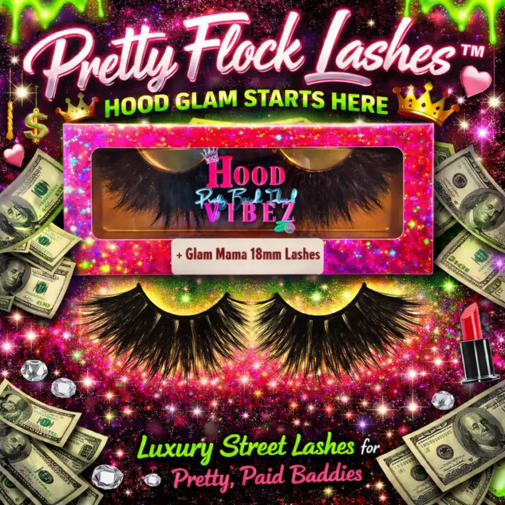 18mm bold wispy false lashes by Hood Vibez Pretty Bitch Flock in glitter luxury packaging from the Pretty Flock Lash Collection