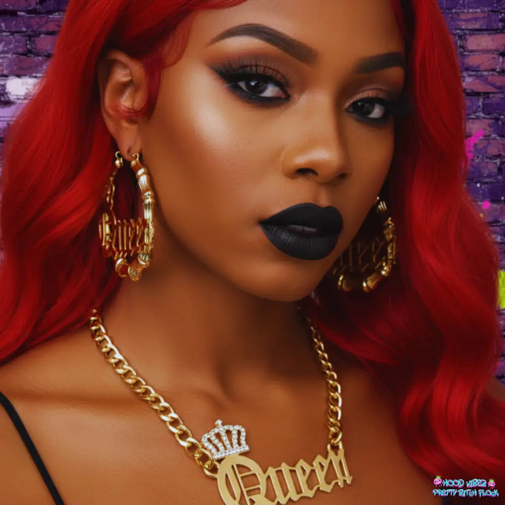 Gold Queen Crown necklace and hoop earring set featuring bold lettering, crown detail, and chunky gold-tone chain on a white background.