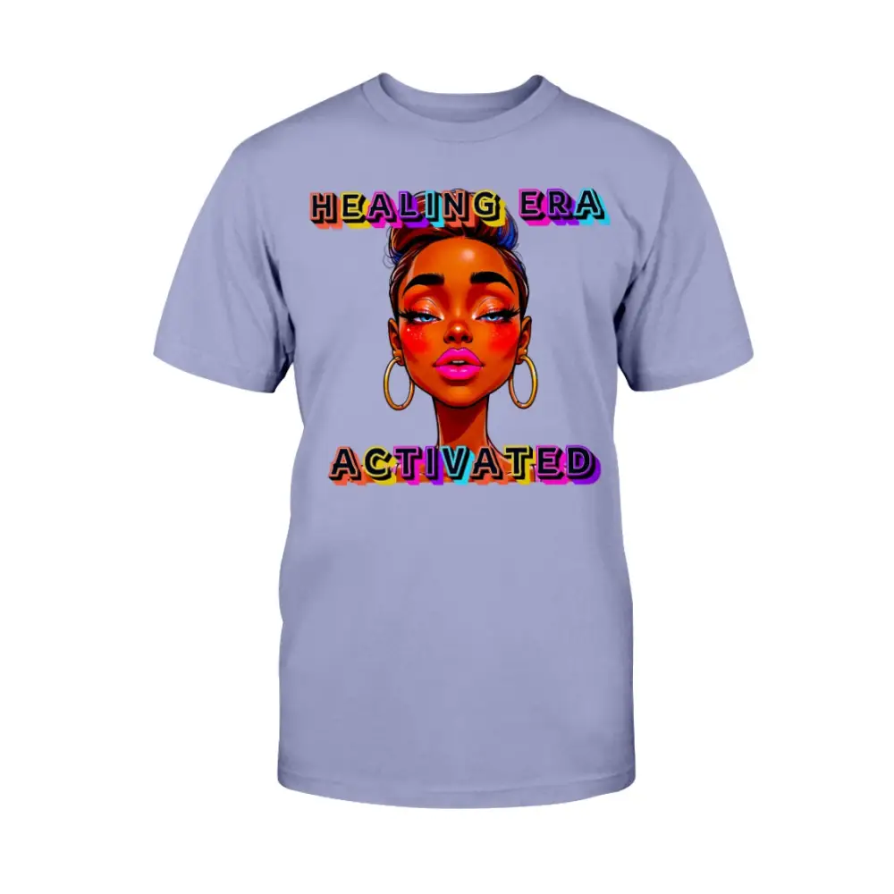 Light purple t-shirt with a colorful graphic of a woman's face and text on a white background