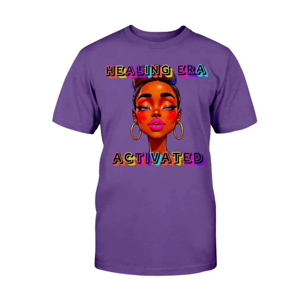 Purple t-shirt with a graphic of a woman's face and 'HEALING ERA ACTIVATED' text on a white background