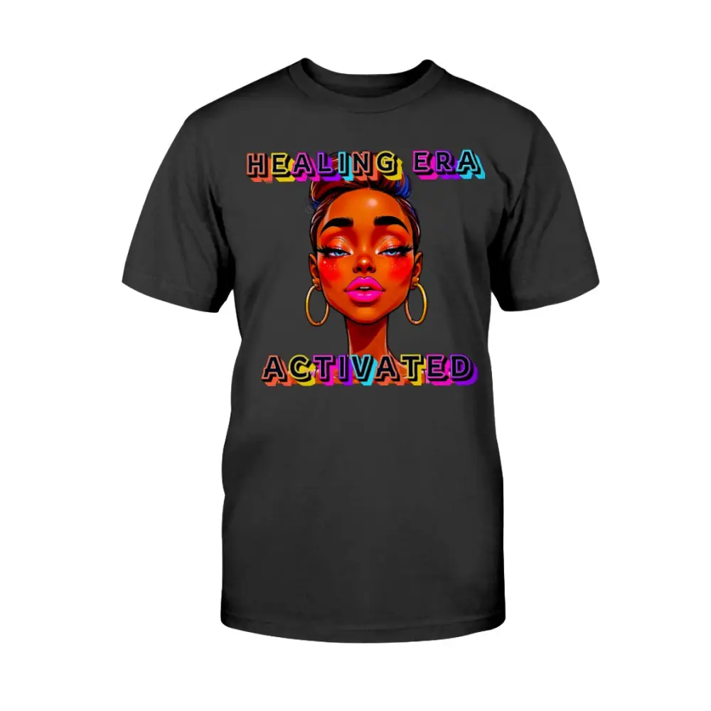 Black t-shirt with a colorful graphic of a woman's face and 'Healing Era Activated' text on a white background