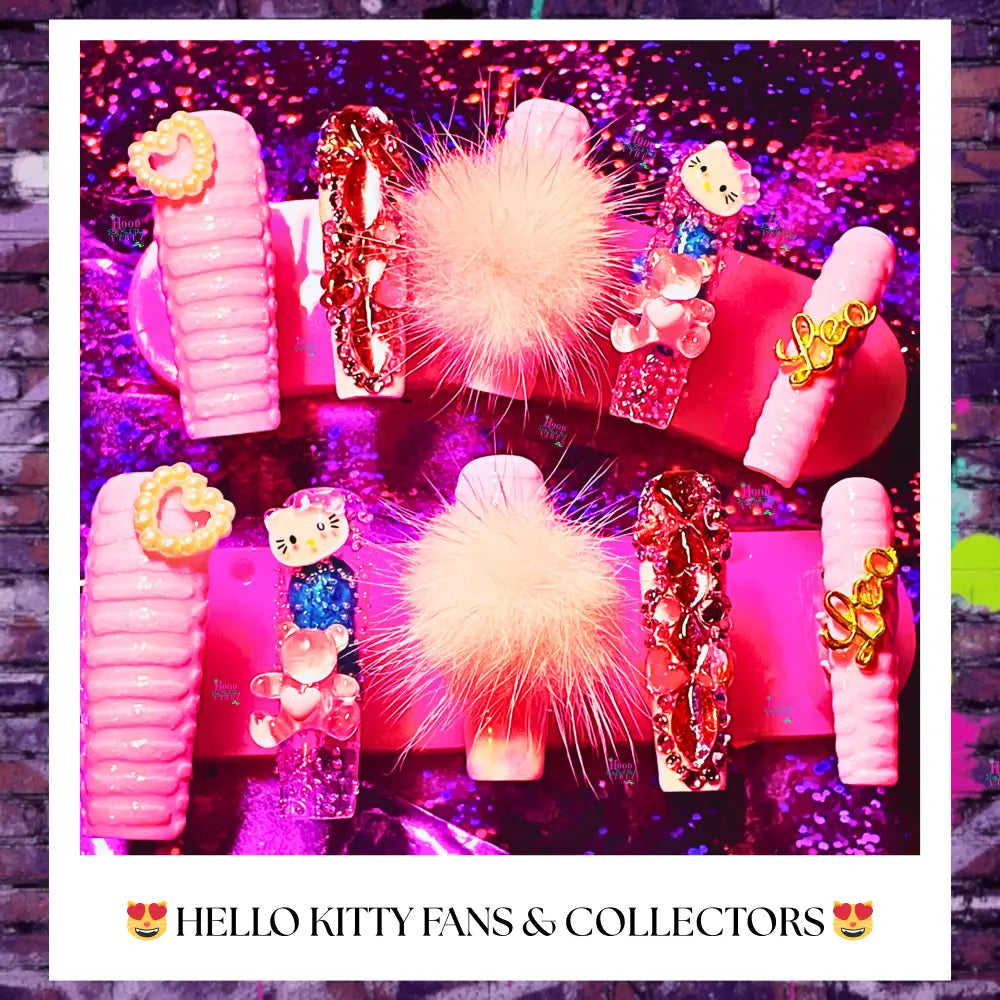 LIGHT PINK HELLO KITTY PRESS ON NAILS WITH PINK POM POMS, PINK RHINESTONES, ZODIAC CHARMS AND 3D HELLO KITTY CHARMS