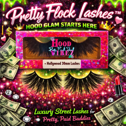 30mm bold wispy false lashes by Hood Vibez Pretty Bitch Flock in glitter luxury packaging from the Pretty Flock Lash Collection
