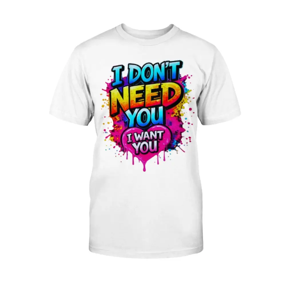 White t-shirt with colorful graphic text design on a white background