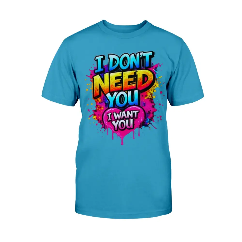 Blue t-shirt with colorful text design on a white background