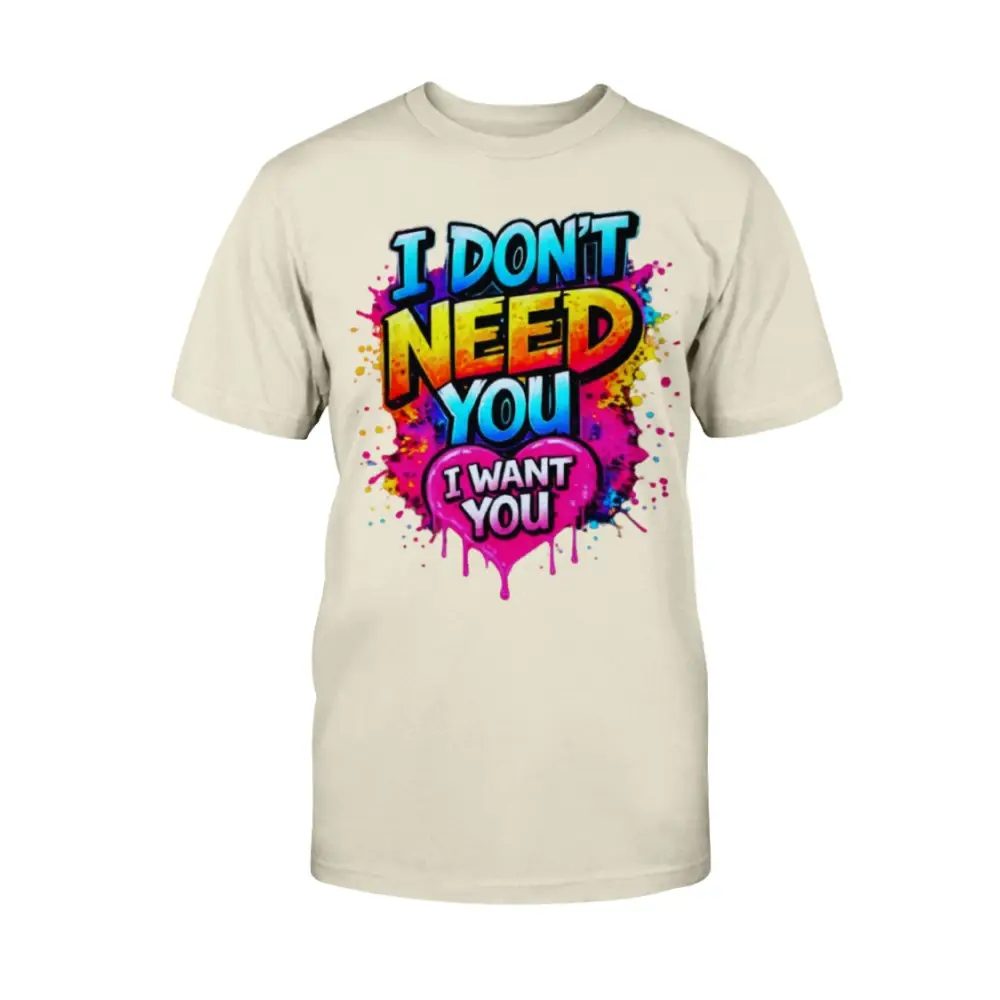 Beige t-shirt with colorful graphic text design on a white background