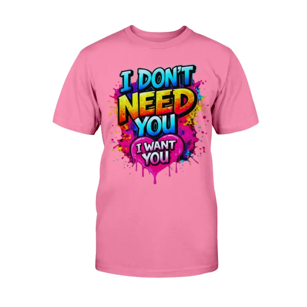 Pink t-shirt with colorful text design on a white background