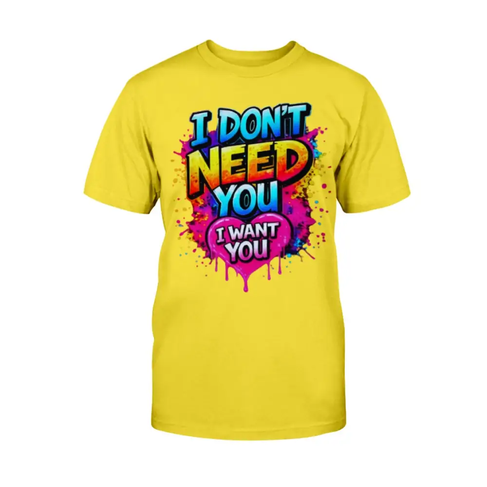 Yellow t-shirt with colorful text design on a white background