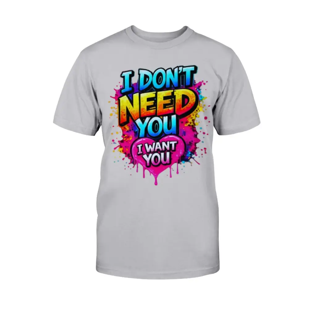 Gray t-shirt with colorful graphic text design on a white background