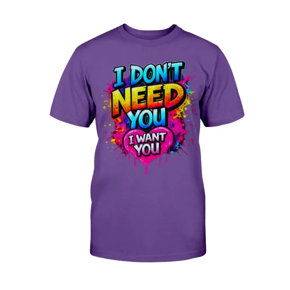 Purple t-shirt with colorful text design on a white background