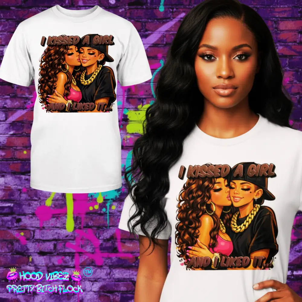 LGBTQ pride graphic t-shirt featuring two women kissing with bold urban cartoon artwork and “I Kissed A Girl & Liked It” text on white tee