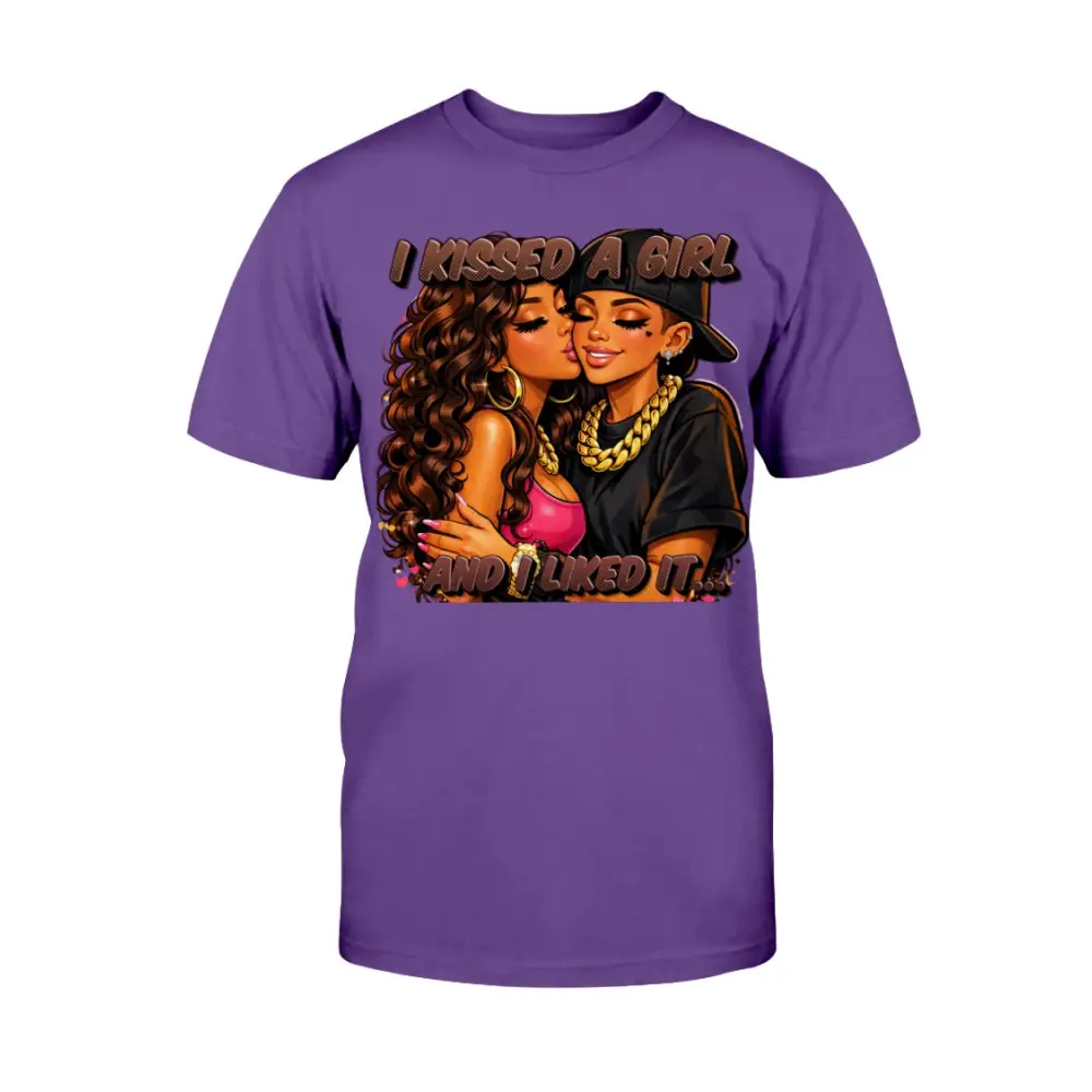 LGBTQ pride graphic t-shirt featuring two women kissing with bold urban cartoon artwork and “I Kissed A Girl & Liked It” text on purple tee