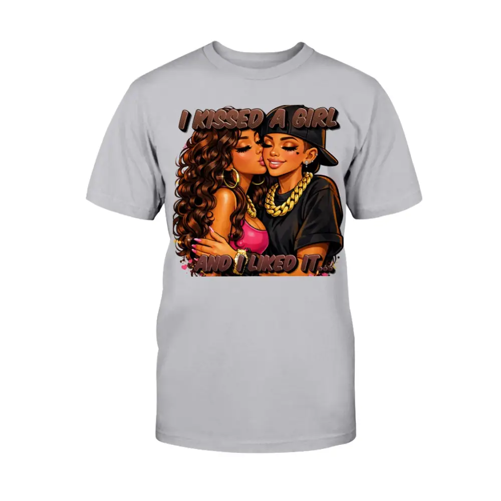 LGBTQ pride graphic t-shirt featuring two women kissing with bold urban cartoon artwork and “I Kissed A Girl & Liked It” text on gray tee