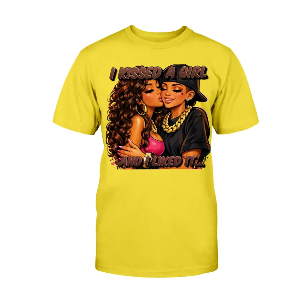 LGBTQ pride graphic t-shirt featuring two women kissing with bold urban cartoon artwork and “I Kissed A Girl & Liked It” text on yellow tee