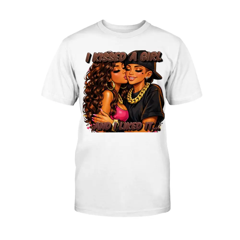 LGBTQ pride graphic t-shirt featuring two women kissing with bold urban cartoon artwork and “I Kissed A Girl & Liked It” text on white tee