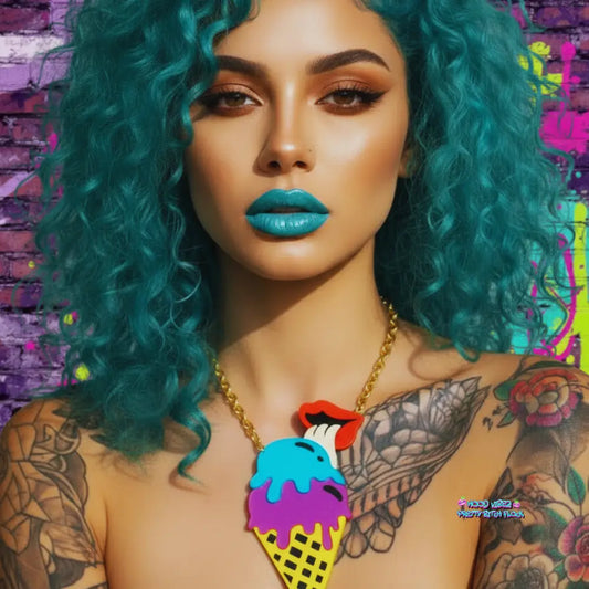 Colorful ice cream statement necklace featuring a dripping cone design in teal, purple glitter, and yellow with a gold-tone chain on a blue background.