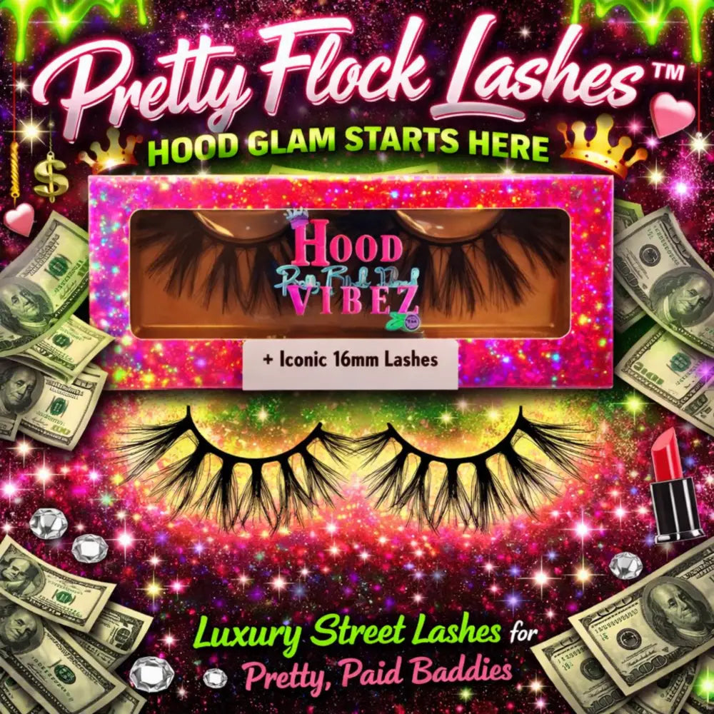 Iconic 16mm wispy glam false lashes by Hood Vibez Pretty Bitch Flock displayed in glitter luxury packaging from the Pretty Flock Lashes Collection