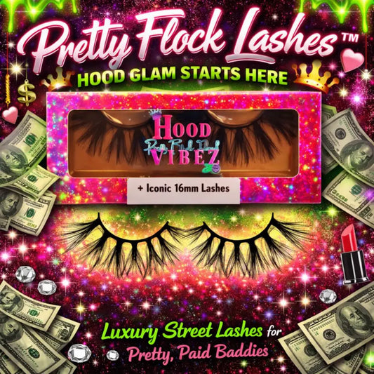 Iconic 16mm wispy glam false lashes by Hood Vibez Pretty Bitch Flock displayed in glitter luxury packaging from the Pretty Flock Lashes Collection
