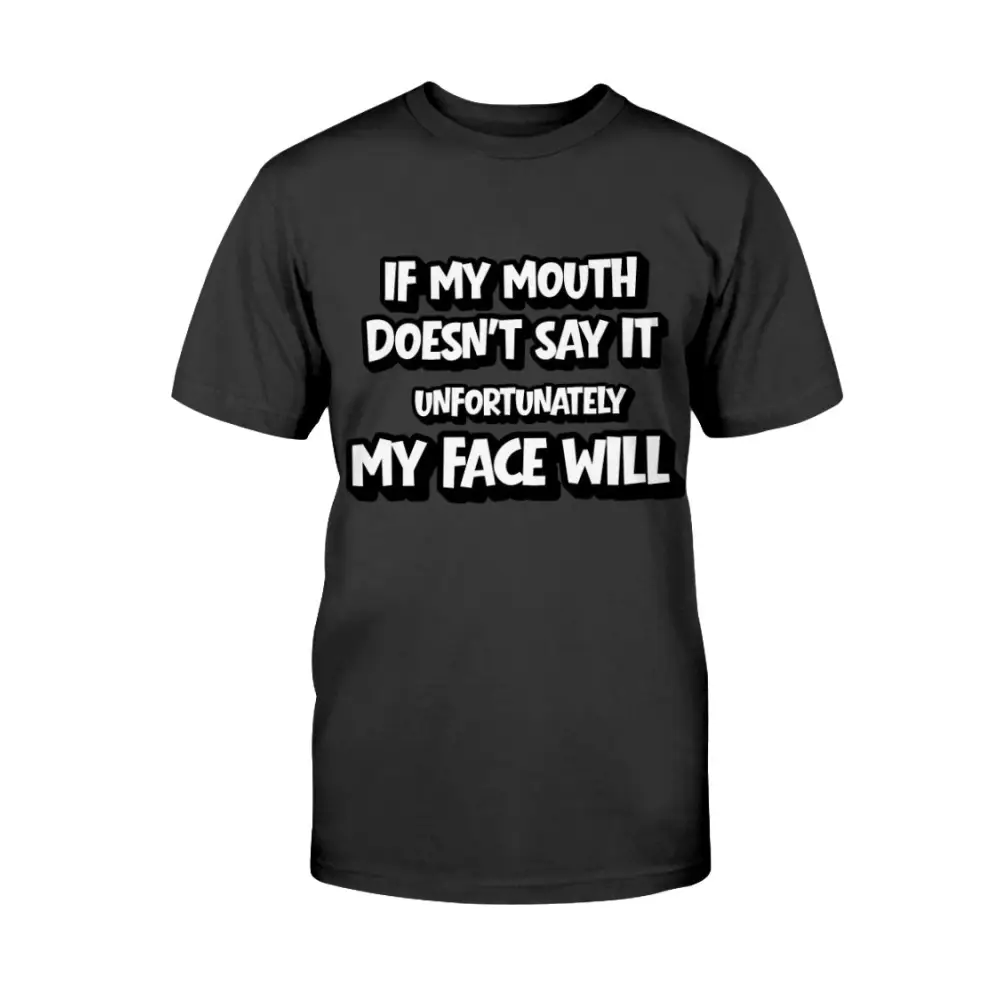 Black t-shirt with white text on a white background