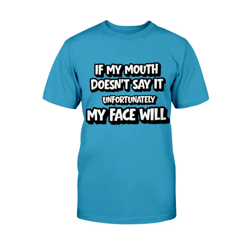 Blue t-shirt with humorous text design on a white background