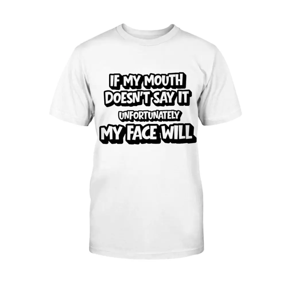 White t-shirt with black text on a white background