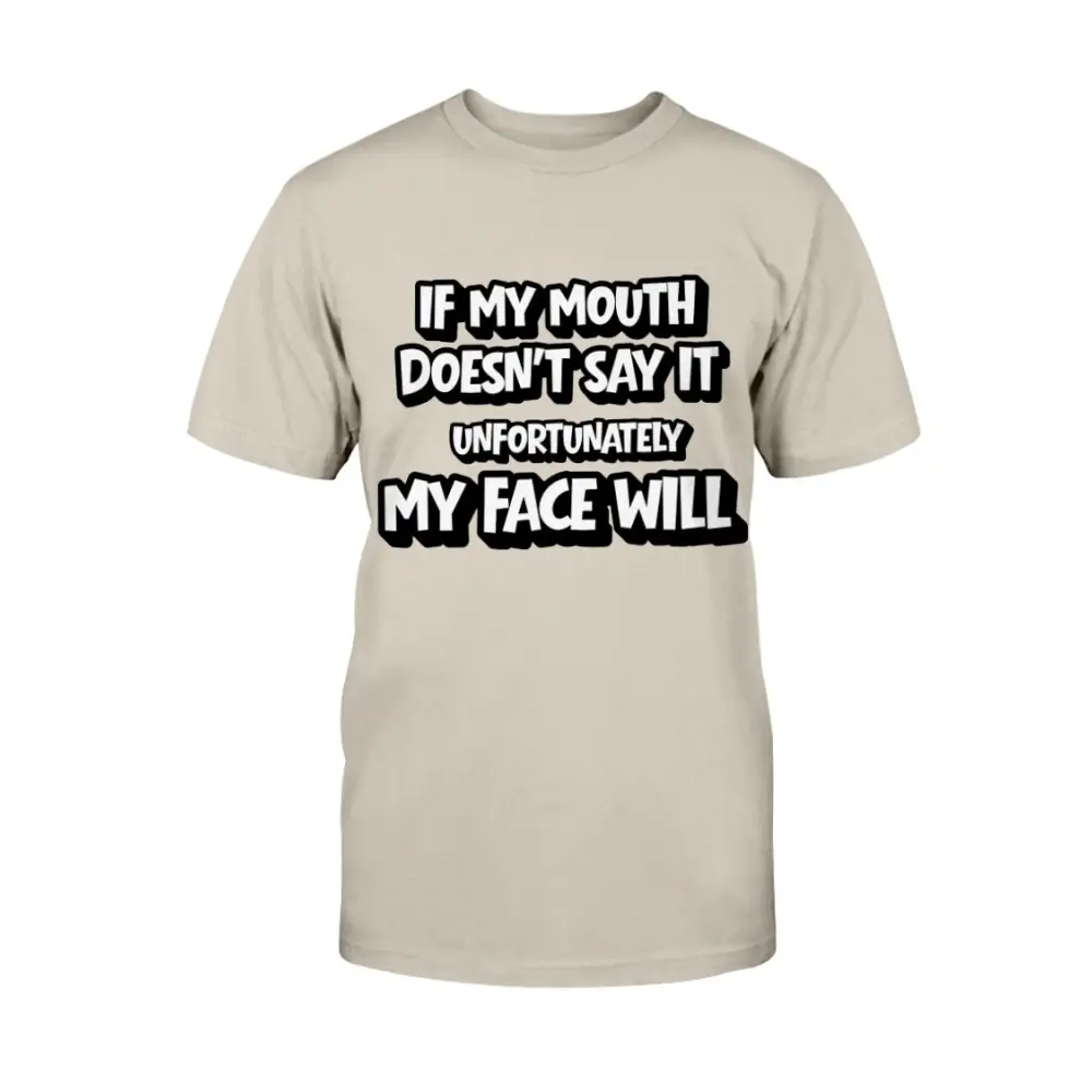 Beige t-shirt with black text on a white background
