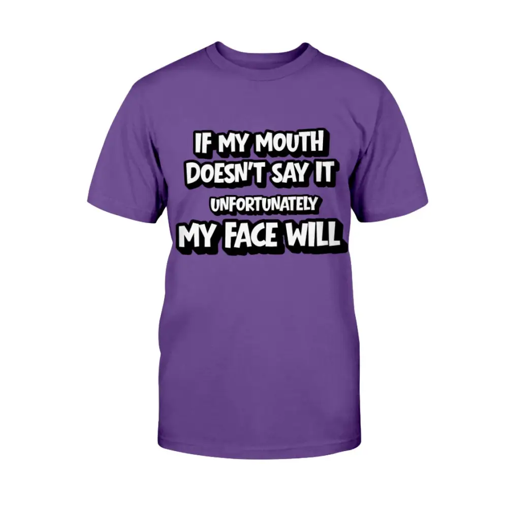 Purple t-shirt with humorous text design on a white background