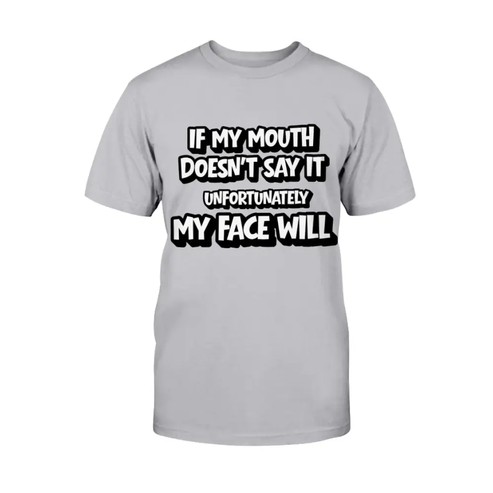 Gray t-shirt with black text on a white background