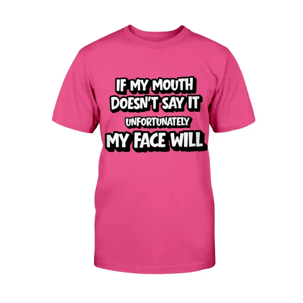 Pink t-shirt with humorous text design on a white background