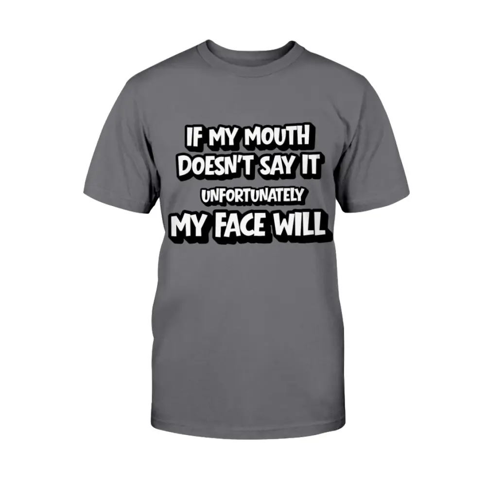 Gray t-shirt with humorous text design on a white background