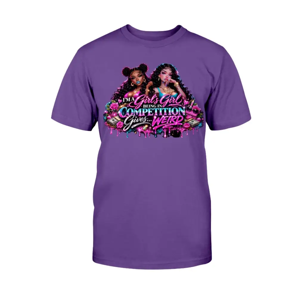 Purple women’s graphic t-shirt featuring “I’m A Girls Girl” statement design with glam baddie artwork, beauty elements, money accents, and bold Pretty Bitch Energy streetwear style.