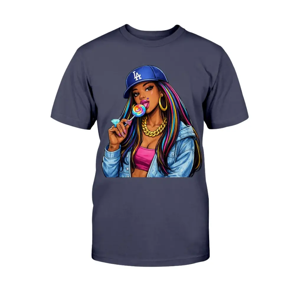 Navy blue t-shirt with a graphic of a woman holding a lollipop and wearing a LA Dodgers cap on a white background.