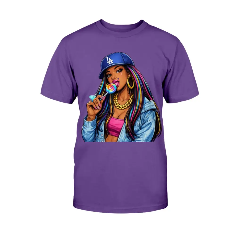 Purple t-shirt with a graphic of a woman holding a lollipop and wearing a LA Dodgers cap on a white background.