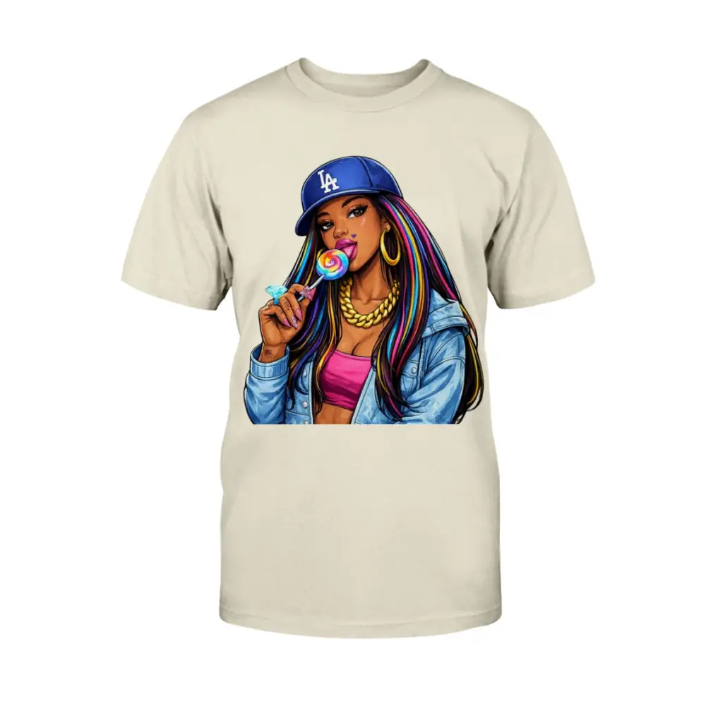 Beige t-shirt with a graphic of a woman holding a lollipop and wearing a LA Dodgers cap on a white background.