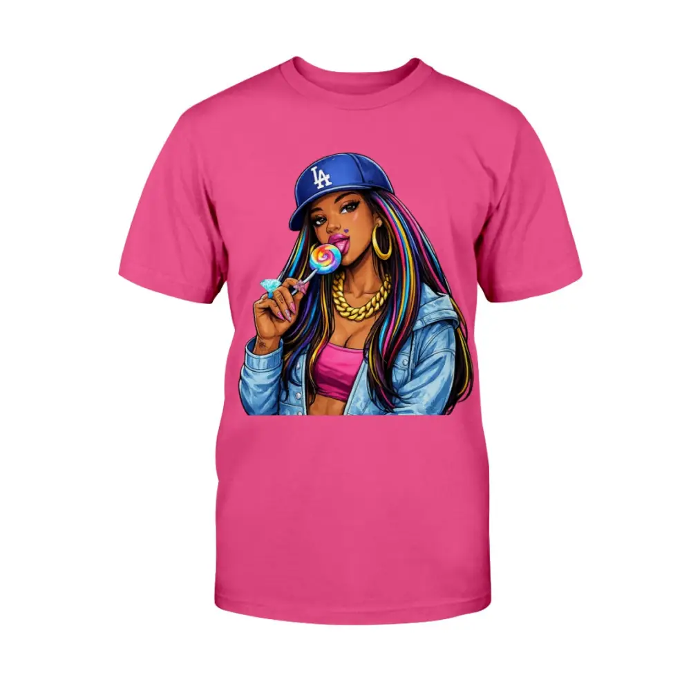 Pink t-shirt with a graphic of a woman holding a lollipop and wearing a LA Dodgers cap on a white background.