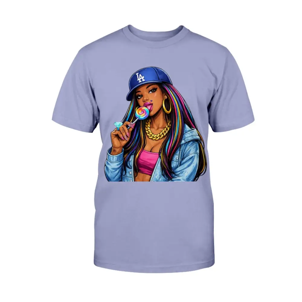 Light purple t-shirt with a graphic of a woman holding a lollipop and wearing a LA Dodgers cap.