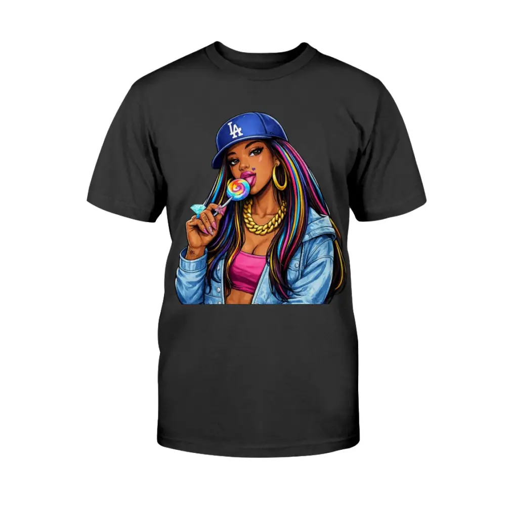 Black t-shirt with a graphic of a woman holding a lollipop and wearing a blue cap on a white background
