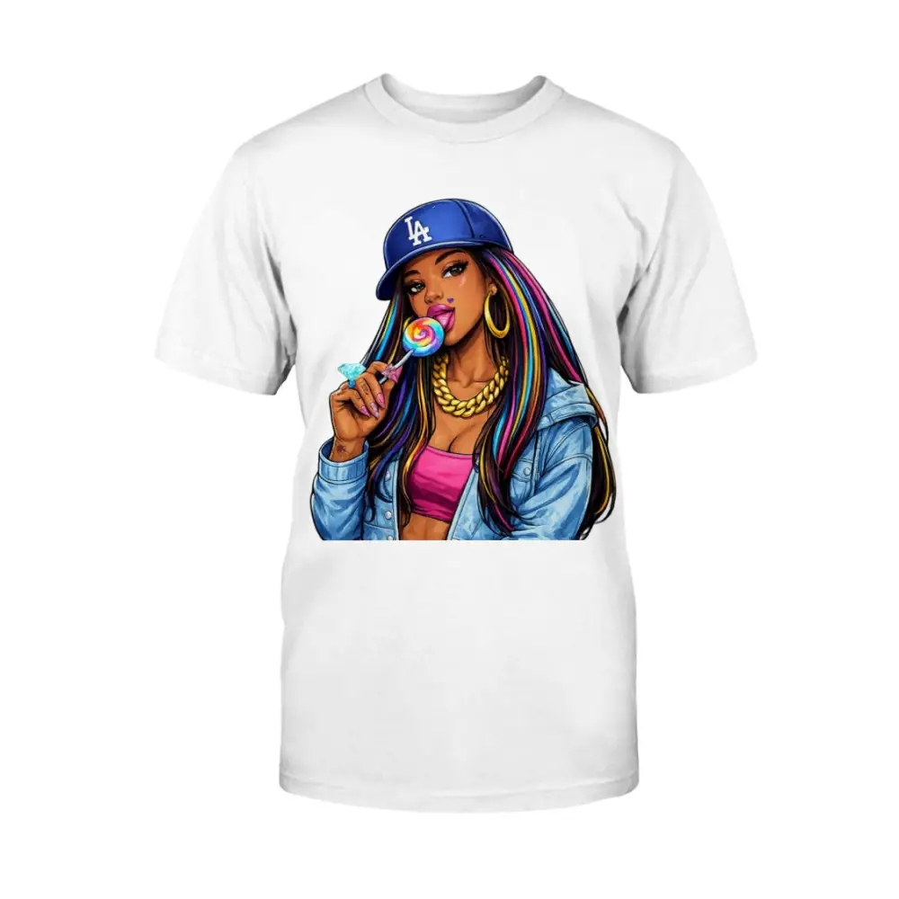 White t-shirt with a graphic of a woman holding a lollipop and wearing a Los Angeles Dodgers cap.