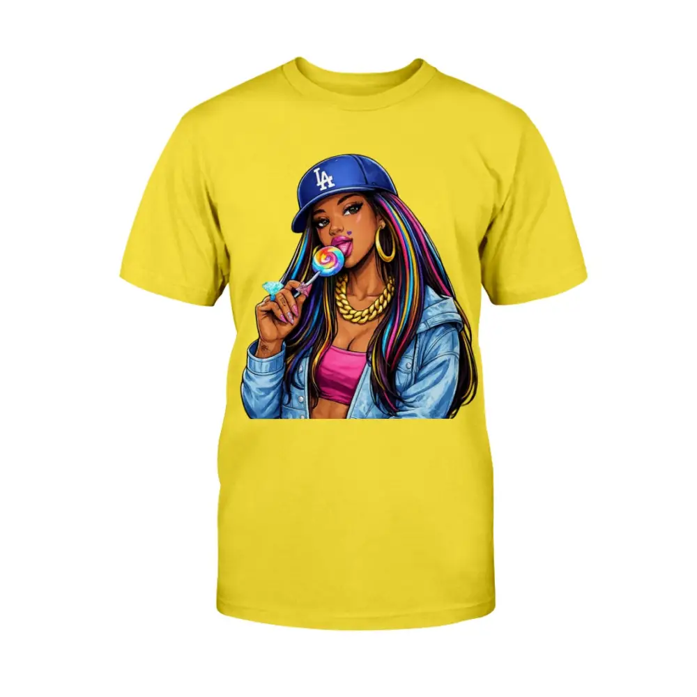 Yellow t-shirt with a graphic of a woman holding a lollipop and wearing a blue cap on a white background