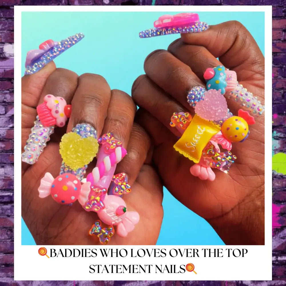 Close-up of Sweet Tooth Fantasy press-on nails featuring colorful candy-inspired 3D charms, rhinestone crystals, gummy bear accents, and glossy pastel designs on a hand against a bright turquoise background.